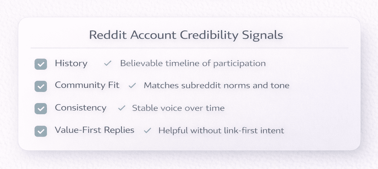 Checklist of Reddit account credibility signals: history, community fit, consistency, and value-first replies