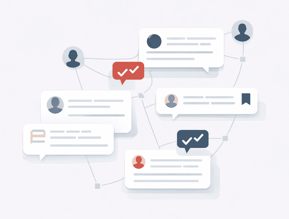 Illustration of community voices connected across Reddit threads, showing collaboration without a promotional tone