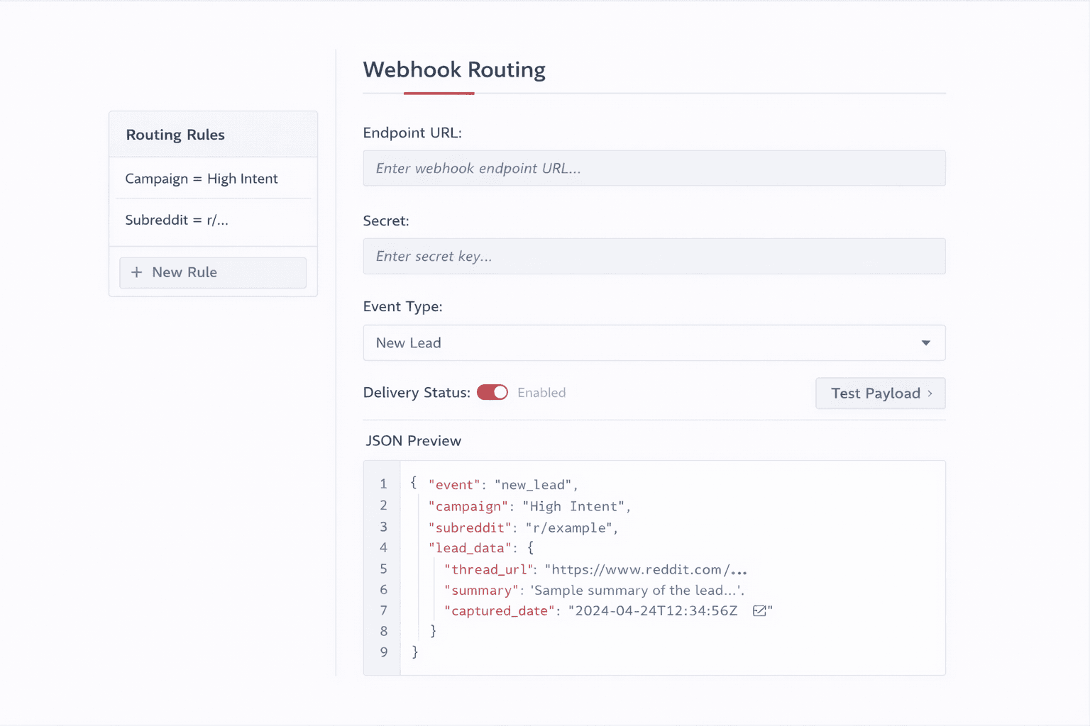 Example: Webhook routing settings screen