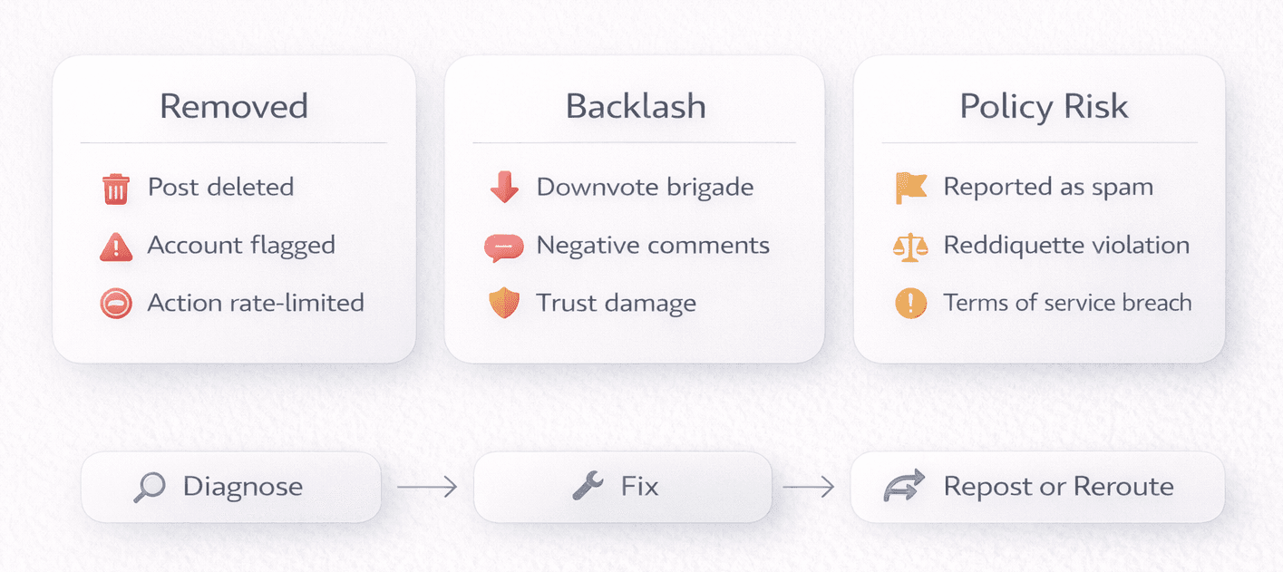 Checklist-style visual showing common Reddit marketing pitfalls and a simple recovery flow